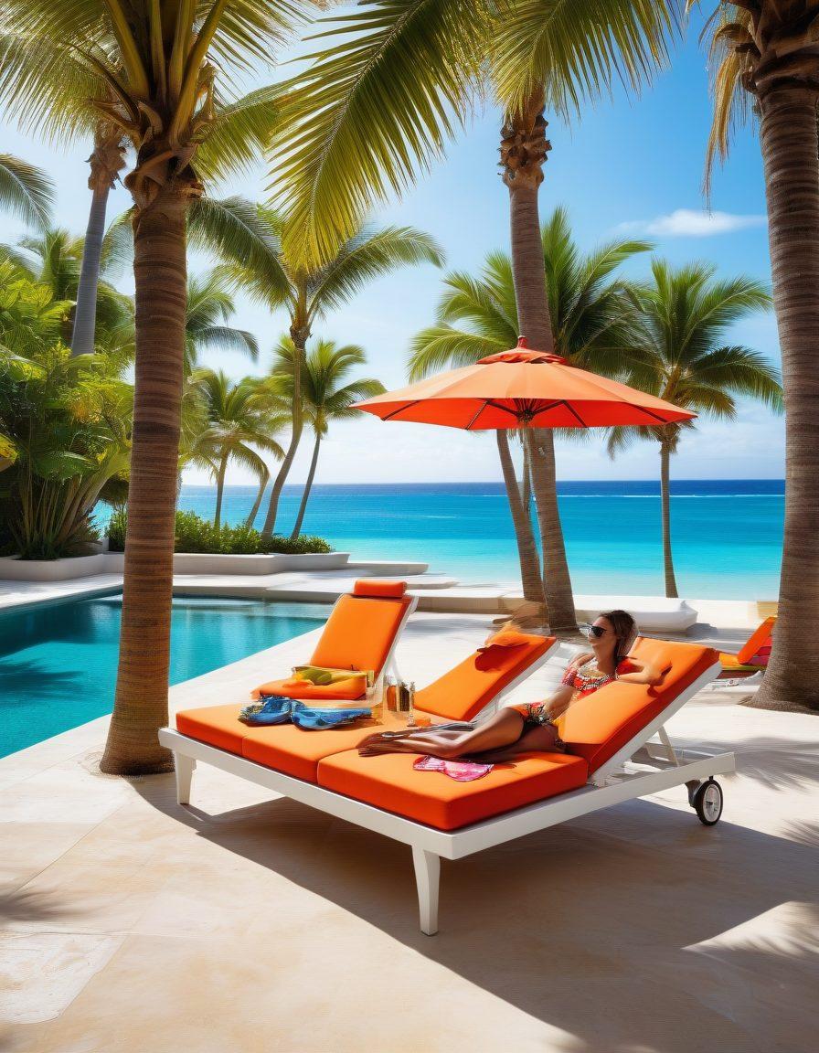 Capture a luxurious poolside scene with a fashionable beachwear display, featuring vibrant swimsuits and accessories laid out elegantly on a sunbed. Include refreshing tropical drinks, lush palm trees swaying in the breeze, and a sparkling ocean in the background to evoke a paradise vibe. Emphasize bright colors and stylish flair, inviting readers to transform their beachwear game. tropical realism. vibrant colors. sunny atmosphere.