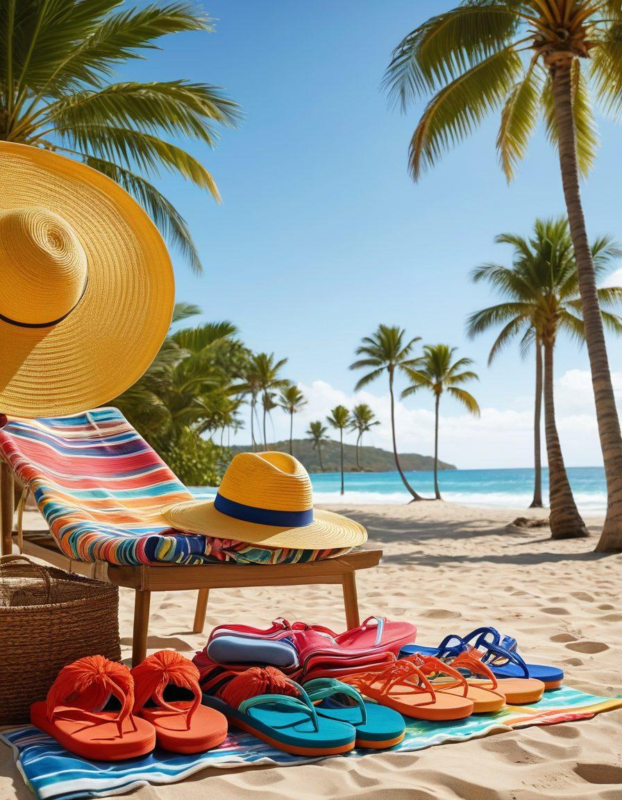 A stylish summer wardrobe display featuring a variety of trendy swimwear and resort wear on a sunny beach backdrop. Include vibrant colored swimsuits, wide-brimmed hats, chic cover-ups, and flip-flops elegantly arranged with beach towels and sunglasses. A serene ocean and palm trees are visible in the background to evoke a vacation ambiance. super-realistic. vibrant colors. beach setting.