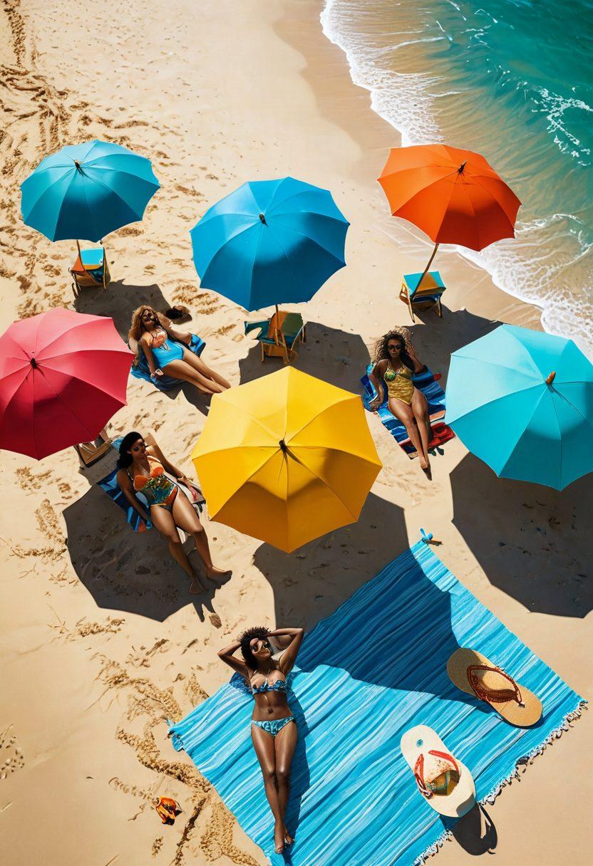A vibrant beach scene showcasing diverse women of different ethnicities flaunting stylish bikinis and trendy beachwear. The sun shines brightly overhead, casting playful shadows on the golden sand while colorful beach towels and umbrellas dot the landscape. In the background, turquoise waves tumble against the shore, inviting a sense of relaxation and summer joy. The overall atmosphere is lively and fashionable, capturing the essence of summer fun and beach vibes. tropical, vibrant colors, super-realistic.